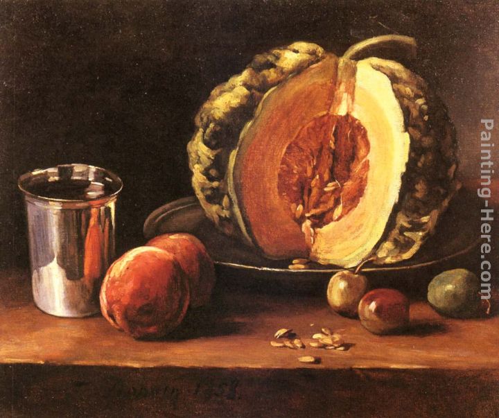 Still life with a Pumpkin, Peaches and a Silver Goblet on a Table Top painting - Francois Bonvin Still life with a Pumpkin, Peaches and a Silver Goblet on a Table Top art painting
